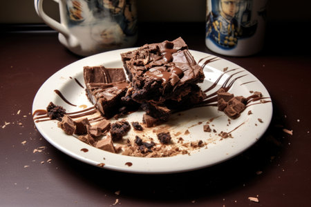 half-eaten chocolatey brownies on a ceramic plate, created with generative aiの素材