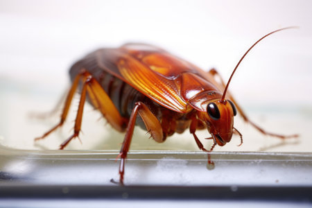 a close-up of a cockroach sheriff on a pest sticky trap, created with generative aiの素材