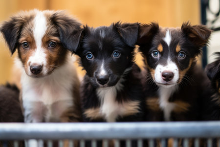 puppies of different breeds in individual cages at a shelter, created with generative aiの素材
