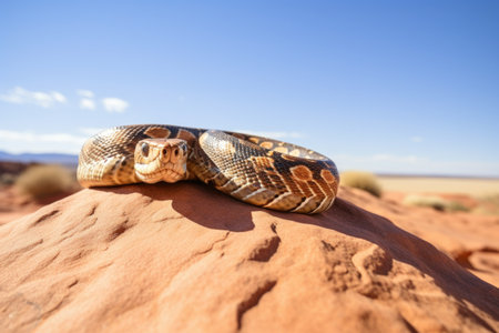 a snake sliding over a rock in a desert, created with generative aiの素材