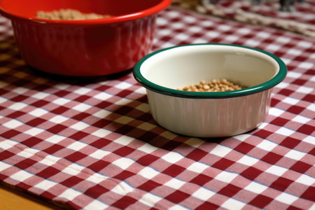 ceramic cat food bowls on a kitchen mat, created with generative aiの素材