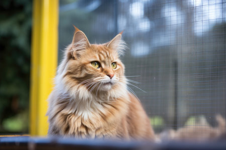 cat in a secured outdoor enclosure, created with generative aiの素材