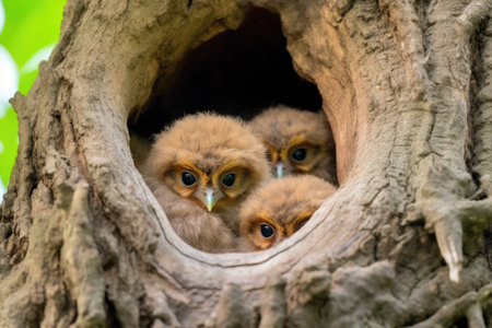 owl mother observing her chicks in the nest, created with generative aiの素材