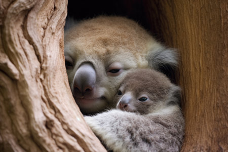 koala mother hugging her baby in a eucalyptus tree, created with generative aiの素材