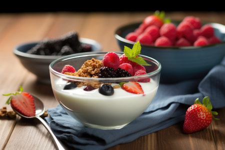 a bowl of yogurt topped with granola and berries, created with generative aiの素材