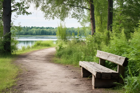 rustic wooden benches along a lakeside path, created with generative aiの素材