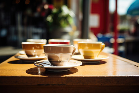 coffee cups on a cafe table, created with generative aiの素材