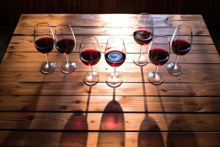 heart-shaped shadow of wine glasses on a wooden table, created with generative aiの素材