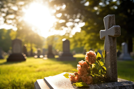 a stone cross in a sunlit cemetery, created with generative aiの素材