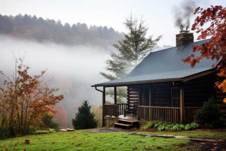 smoky mountain log cabin with smoke from the chimney, created with generative aiの素材