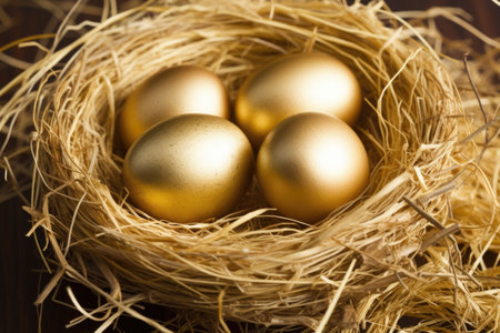 golden eggs in a nest to resemble nest egg savings, created with generative aiの素材