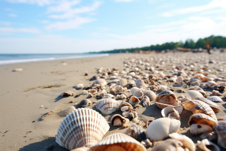 clustered seashells at the beach during low tide, created with generative aiの素材
