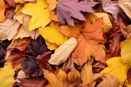 pile of colorful autumn leaves from different trees, created with generative aiの素材