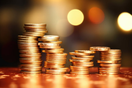 a stack of coins teetering precariously under bright lights, created with generative aiの素材
