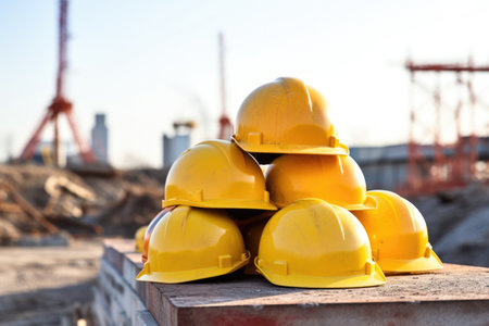 stack of yellow hard hats at a building site, created with generative aiの素材