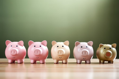 a row of piggy banks filled to different levels with coins, created with generative aiの素材