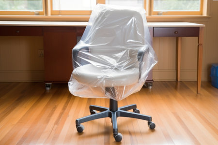 office chair wrapped in bubble plastic for moving, created with generative aiの素材
