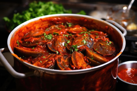 cooking pot full of steaming mussels in marinara sauce, created with generative aiの素材