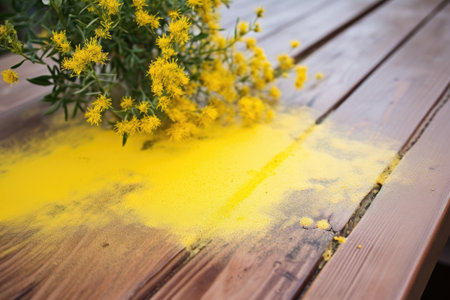 wooden table dusted with coat of yellow pollen, created with generative aiの素材