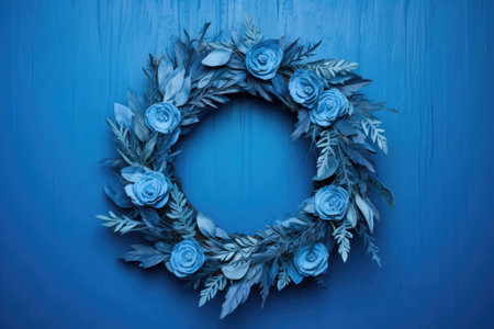 decorative wreath hung on a blue wall, created with generative aiの素材