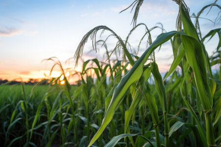 armyworms in a cornfield during dusk, created with generative aiの素材