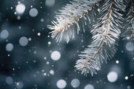 snowflakes glistening on a pine tree branch, created with generative aiの素材