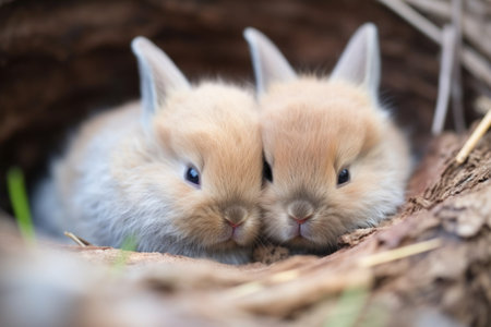 photogenic baby bunnies in a nest snuggling, created with generative aiの素材