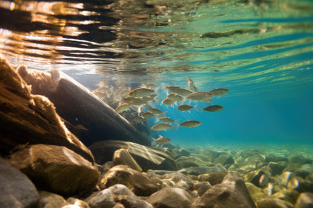 small fishes following the swim path of elder fish, created with generative aiの素材