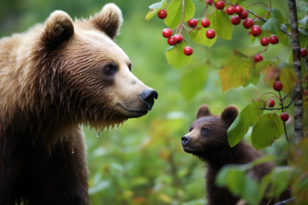a big brown bear watching a cub play with berries, created with generative aiの素材