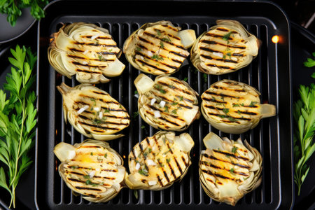 a top view of grilled artichoke hearts on a grill pan, created with generative aiの素材