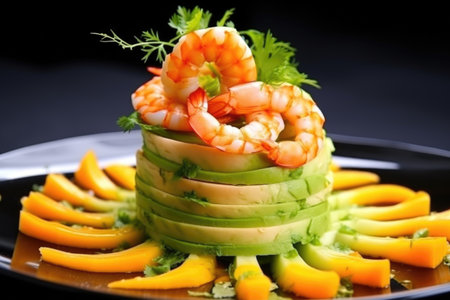 close-up shot of avocado salad with shrimps, created with generative aiの素材
