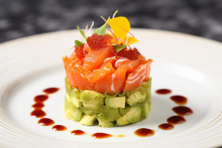 close-up of salmon tartare with avocado, created with generative aiの素材