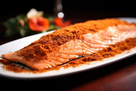 salmon fillet with powdery smoked paprika on top, created with generative aiの素材