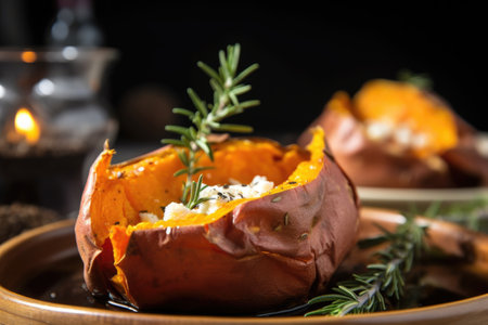 baked sweet potato cut in half, revealing steamy interior, created with generative aiの素材