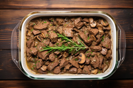 top view of beef stroganoff in glass casserole dish, created with generative aiの素材