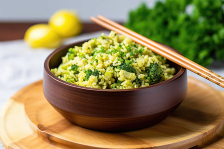 broccoli rice in a bamboo bowl with chopsticks, created with generative aiの素材