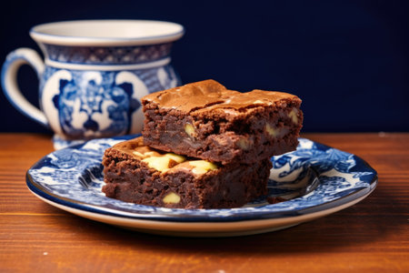 whole brownie slab on a blue ceramic plate, created with generative aiの素材