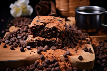 brownie surrounded by cocoa powder and chocolate chips, created with generative aiの素材