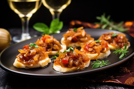 bruschetta with caramelized onions and brie on a glass plate, created with generative aiの素材