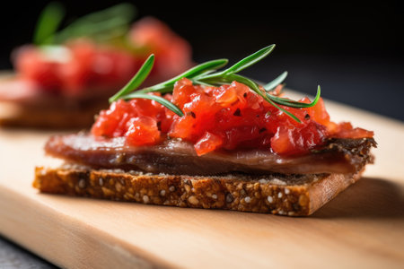 close up view of an anchovy on a bruschetta slice, created with generative aiの素材