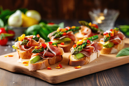 bread slices with asparagus and prosciutto bruschetta, created with generative aiの素材