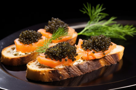 caviar bruschetta garnished with a sprig of fresh dill, created with generative aiの素材