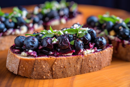 close up of whole blueberries on a thick slice of bruschetta, created with generative aiの素材