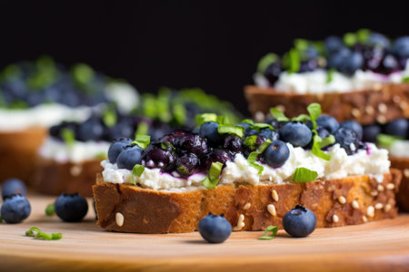blueberries piled high on a slice of bruschetta, created with generative aiの素材