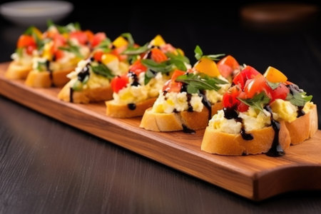 close-up of a row of bruschetta with creamy scrambled eggs on a flat wooden board, created with generative aiの素材