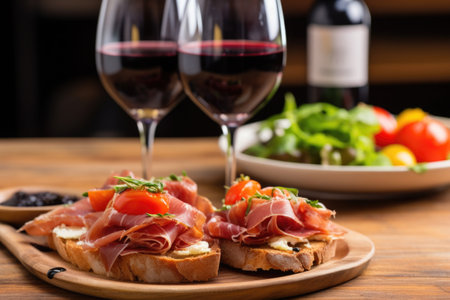 serrano ham bruschetta served with a glass of red wine, created with generative aiの素材
