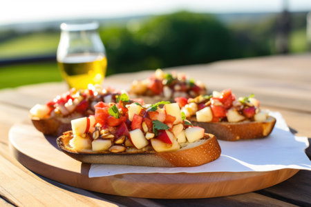 bright view of pear bruschetta on picnic table, created with generative aiの素材