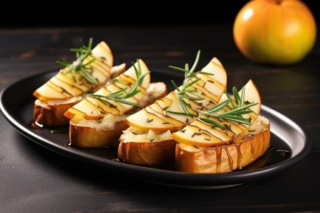 sliced pear bruschetta on dark ceramic dish with rosemary, created with generative aiの素材
