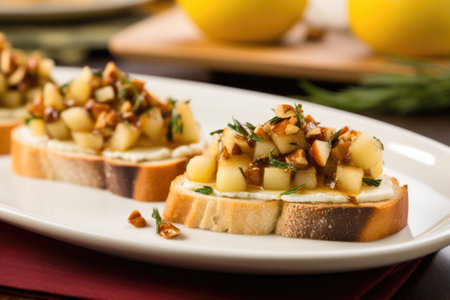 closeup of pear bruschetta on a square plate, created with generative aiの素材