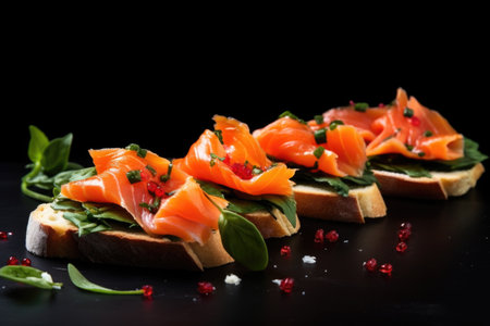 fresh smoked salmon bruschetta against black background, created with generative aiの素材